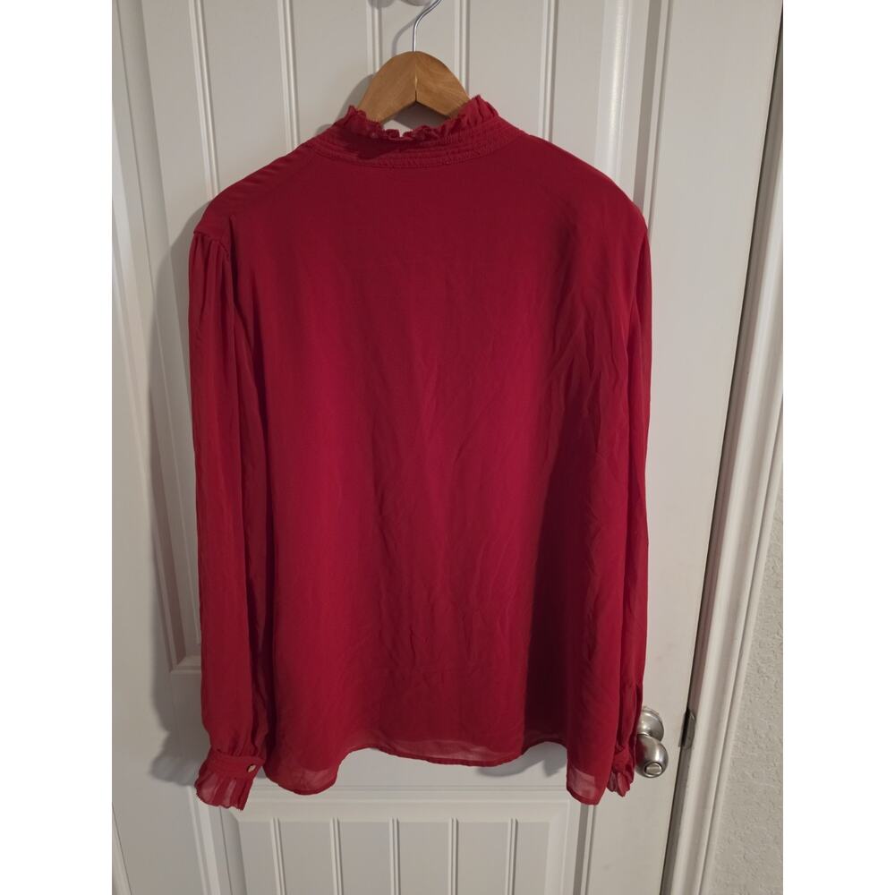 Calvin Klein Red Chiffon Blouse Women Ruffle Collar Gold Button LongSleeve L/XL? - Picture 3 of 6